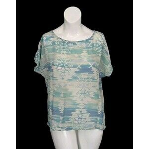 FAHERTY Womens Silk Aztec Print T Shirt  Small Cream Blue Tribal Top Blouse Sz M